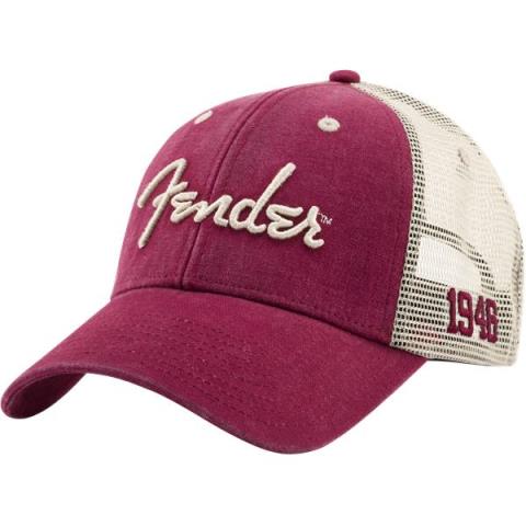 Fender-Fender Spaghetti Logo Washed Trucker Hat, Maroon